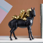 Statue cheval noir ange or